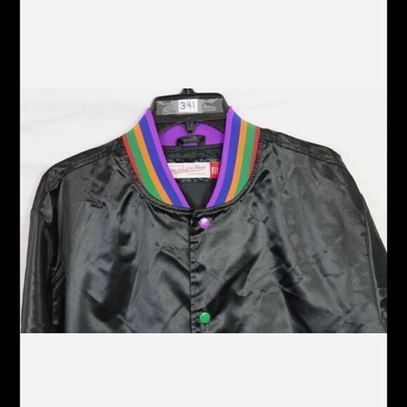 MITCHELL & NESS BOMBER JACKET BLACK WITH RAINBOW STRIPE TRIM AND CUFFS SIZE LARG - Picture 2 of 7